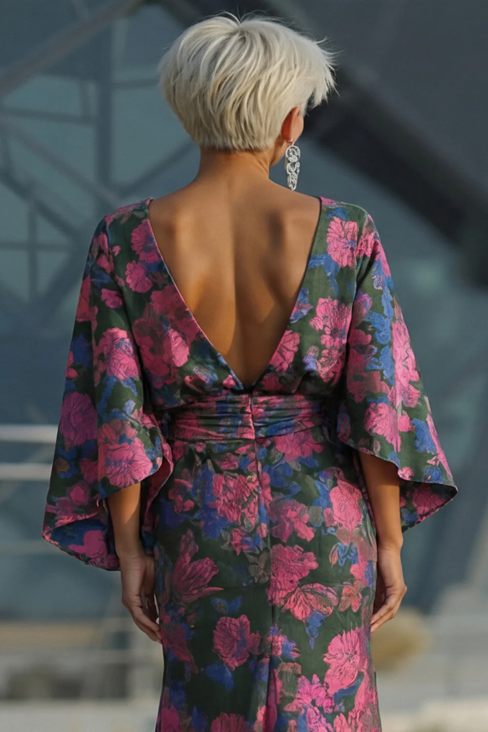 Fuchsia Flower Printed Sheath Ruched Mother of the Bride Dress with Flared Sleeves - Image 6