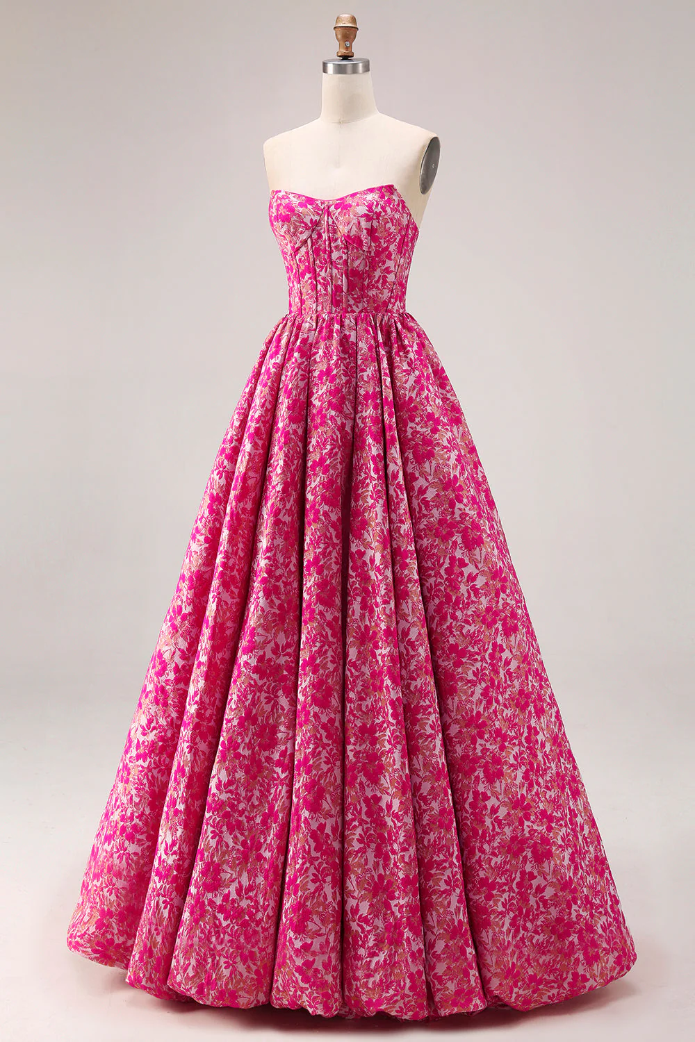 Fuchsia Flower Strapless Jacquard Corset A-Line Long Prom Dress - Image 3
