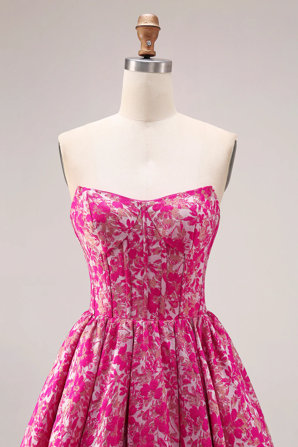 Fuchsia Flower Strapless Jacquard Corset A-Line Long Prom Dress - Image 4