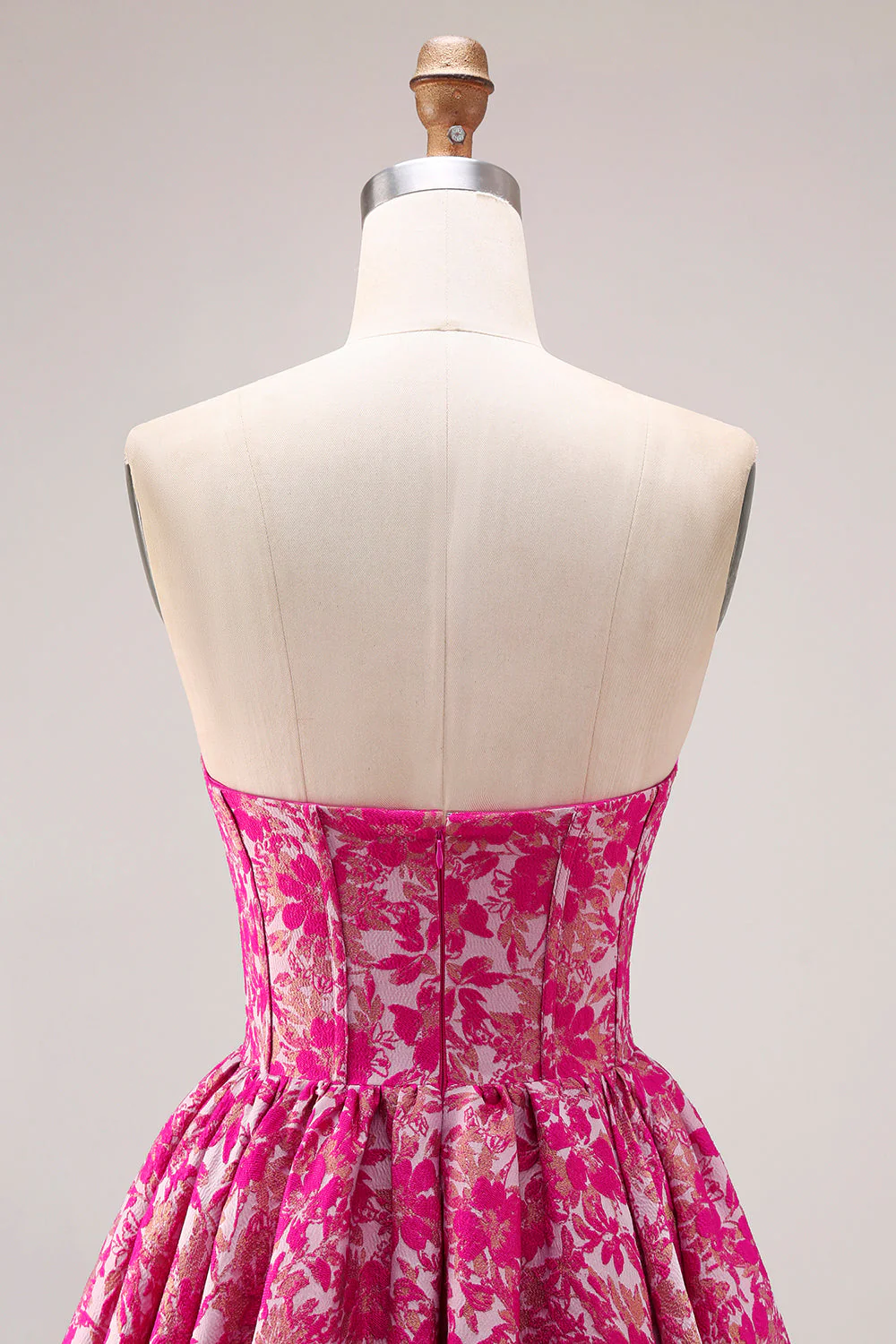 Fuchsia Flower Strapless Jacquard Corset A-Line Long Prom Dress - Image 5