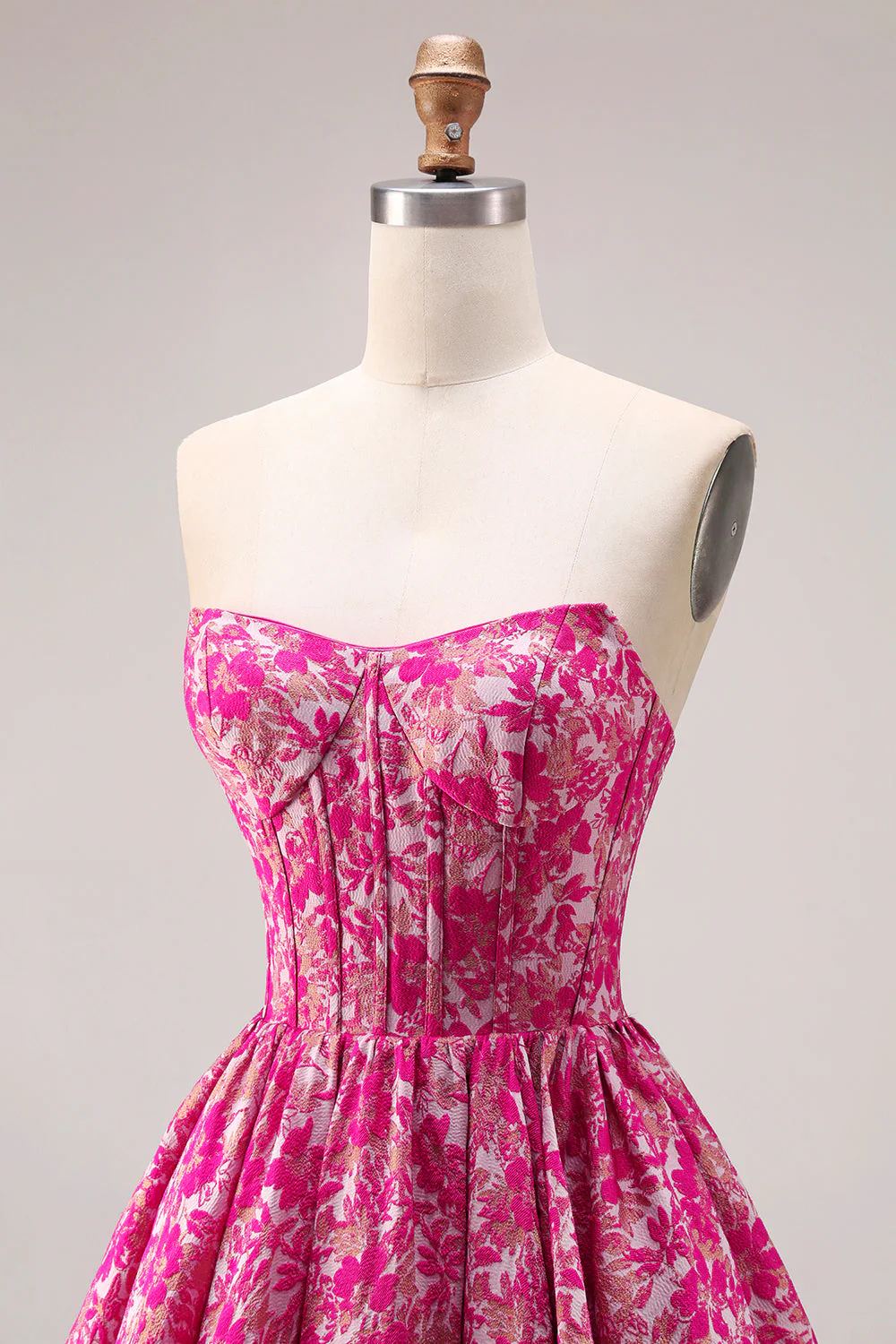 Fuchsia Flower Strapless Jacquard Corset A-Line Long Prom Dress - Image 6