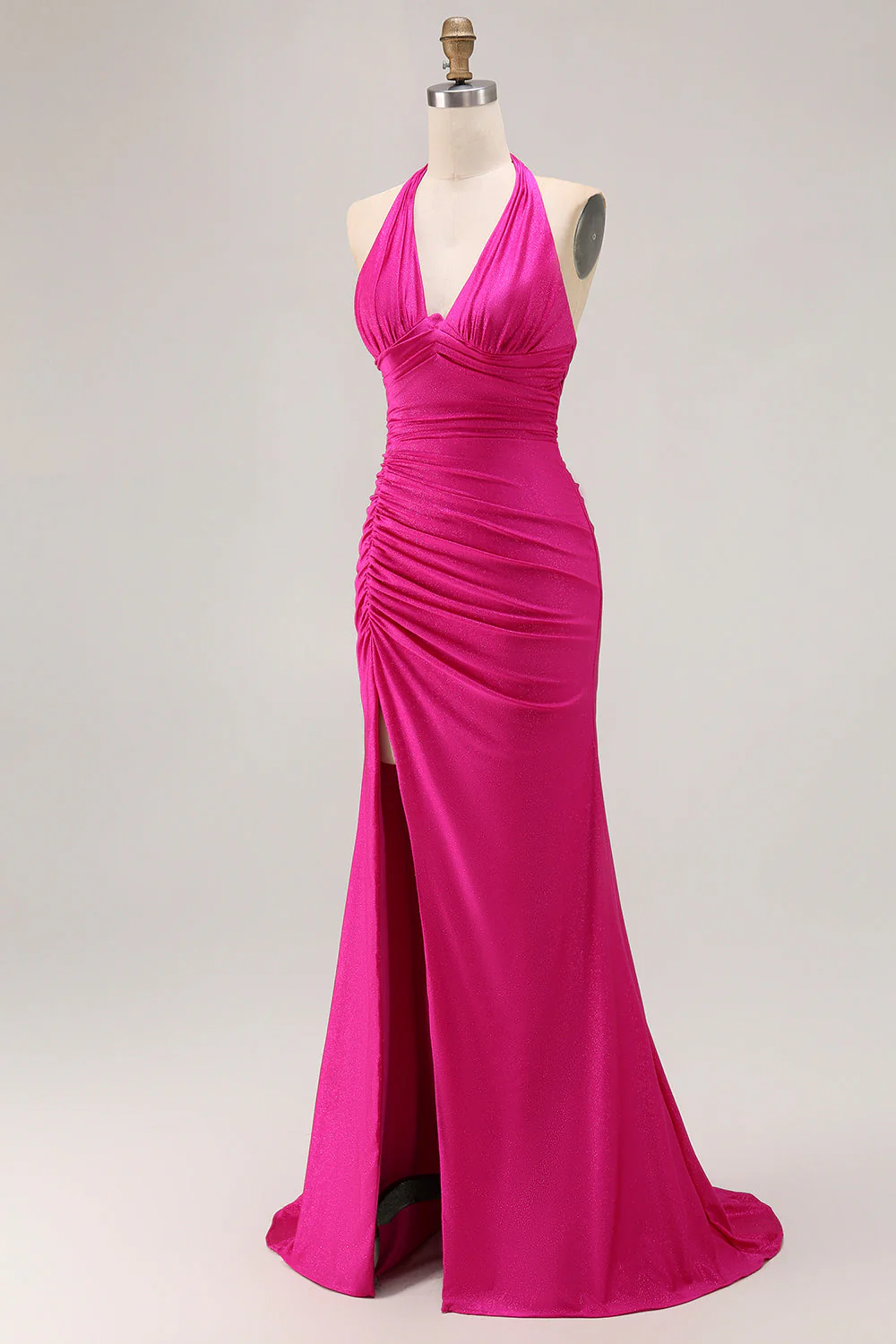 Fuchsia Halter Ruched Mermaid Long Prom Dress With Slit - Image 3
