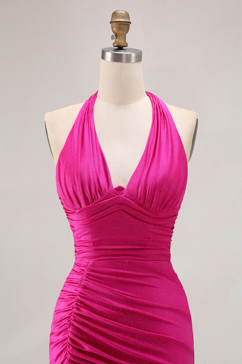 Fuchsia Halter Ruched Mermaid Long Prom Dress With Slit - Image 4