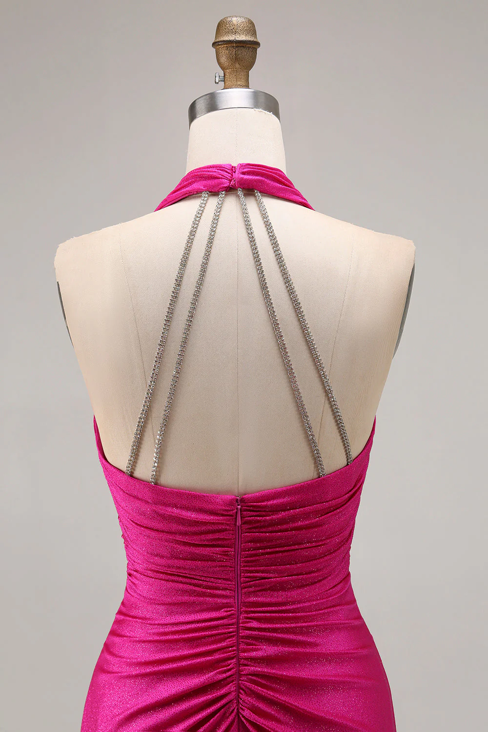 Fuchsia Halter Ruched Mermaid Long Prom Dress With Slit - Image 5