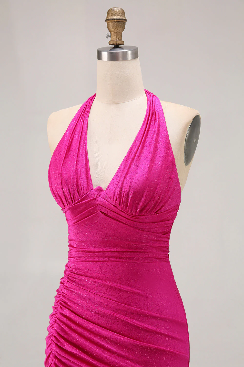 Fuchsia Halter Ruched Mermaid Long Prom Dress With Slit - Image 6