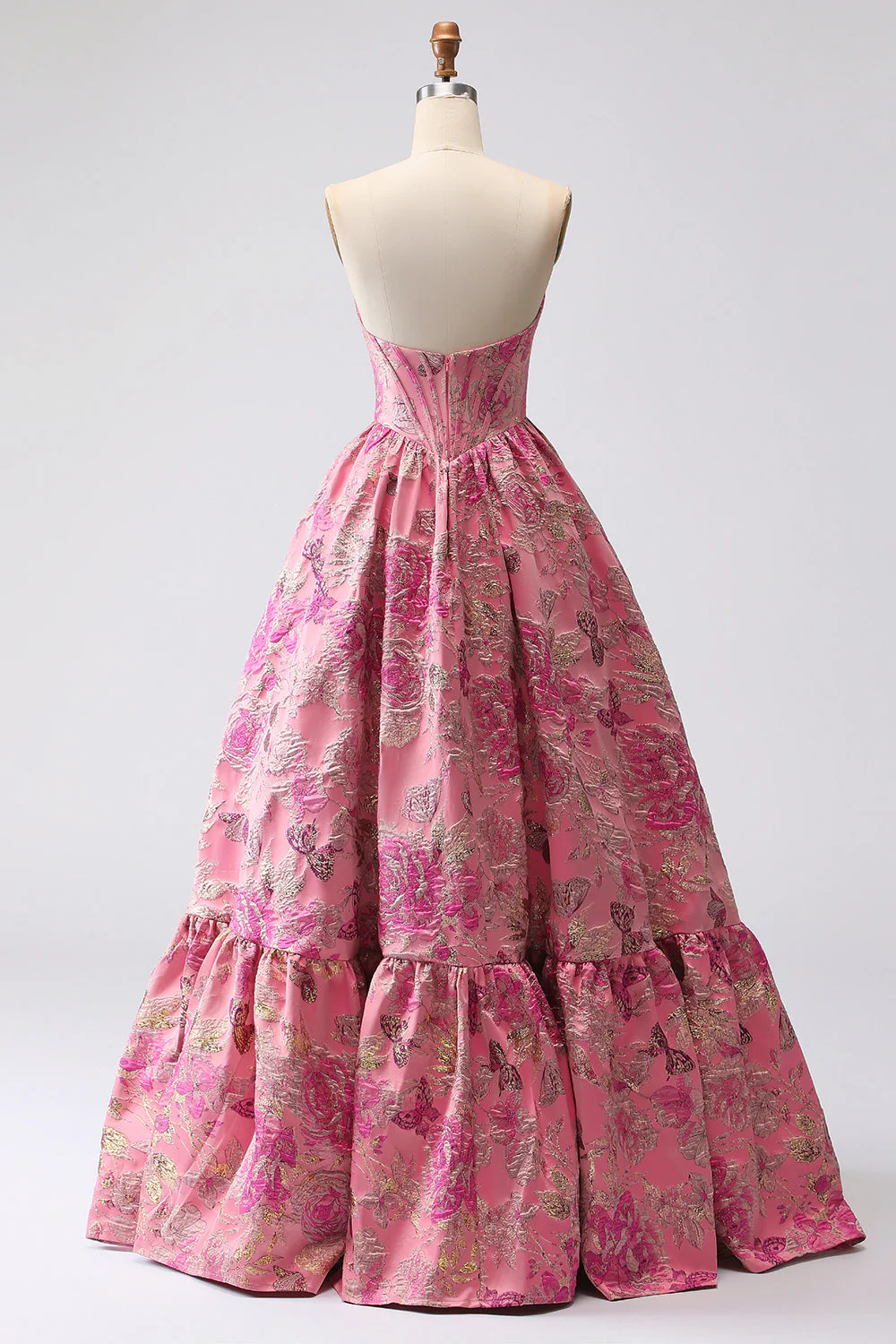 Fuchsia Jacquard A Line Corset Strapless Long Prom Dress - Image 2