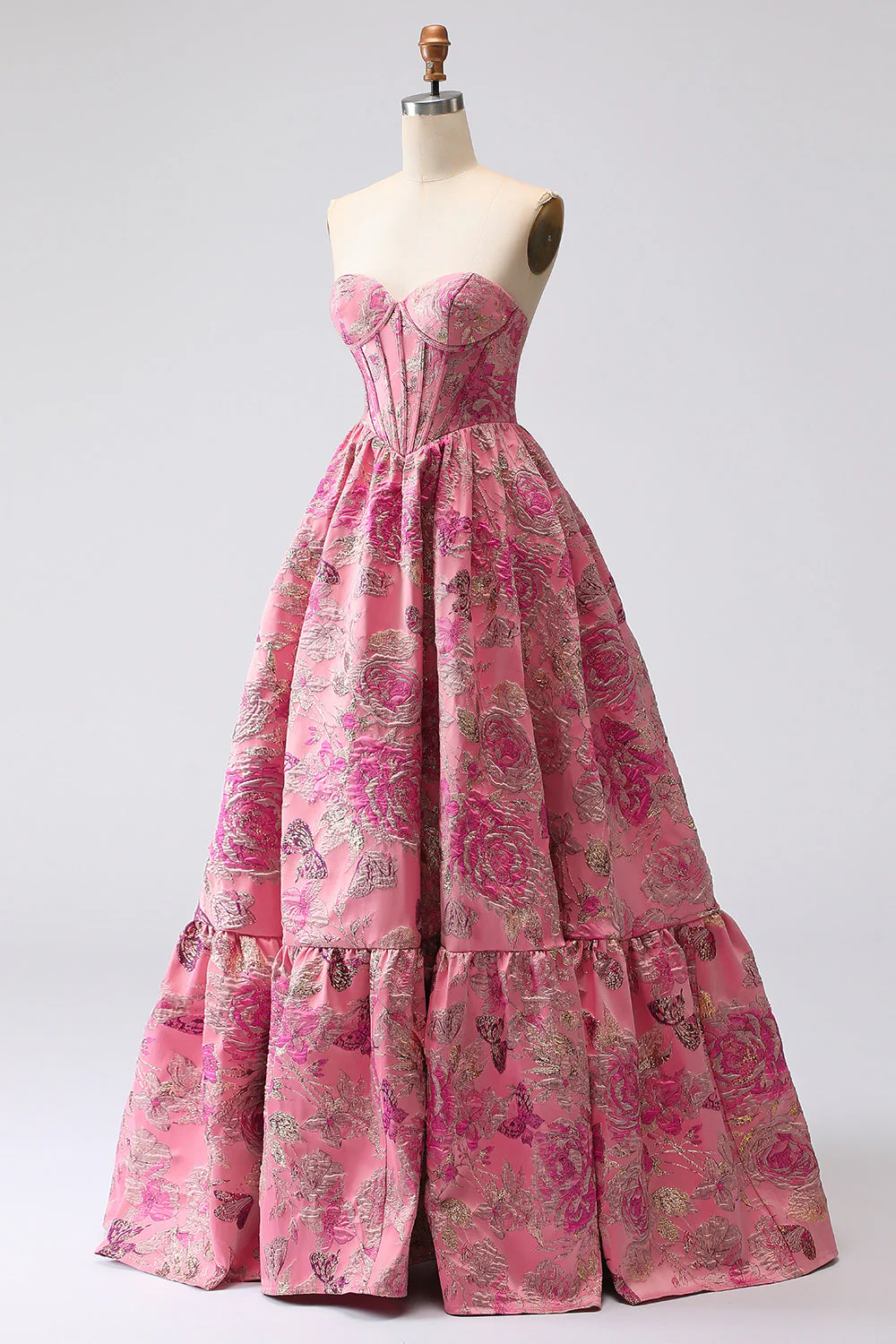 Fuchsia Jacquard A Line Corset Strapless Long Prom Dress - Image 3