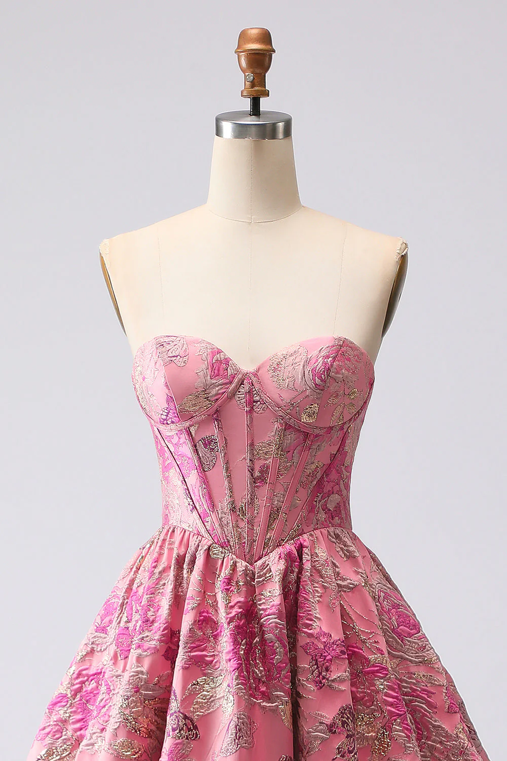 Fuchsia Jacquard A Line Corset Strapless Long Prom Dress - Image 4