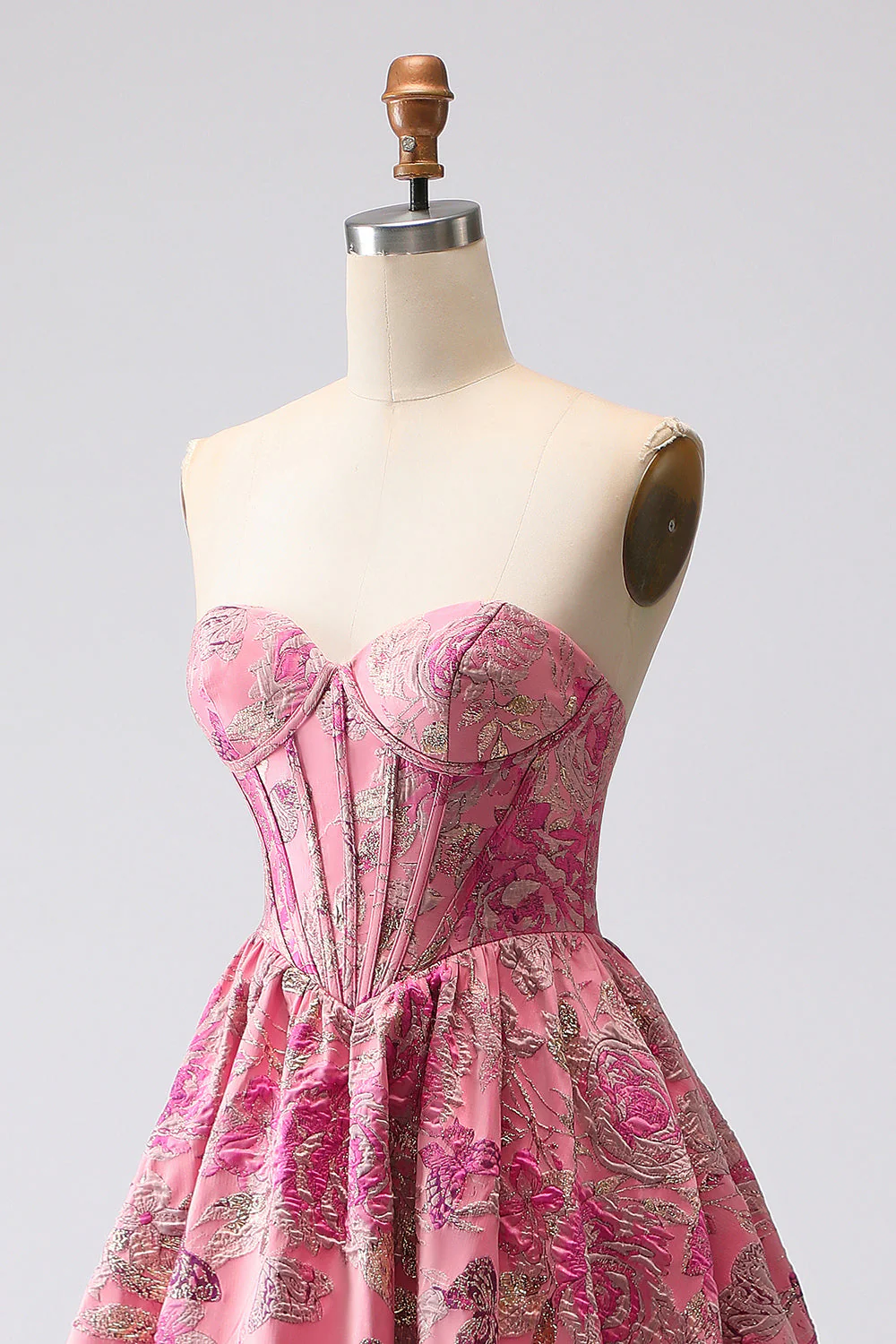 Fuchsia Jacquard A Line Corset Strapless Long Prom Dress - Image 5