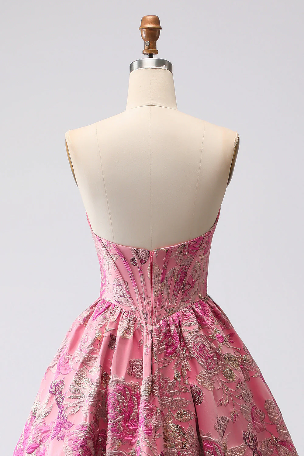 Fuchsia Jacquard A Line Corset Strapless Long Prom Dress - Image 6