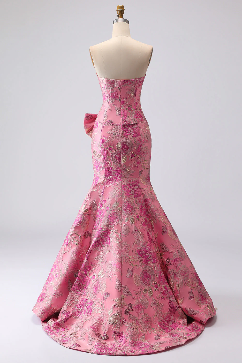 Fuchsia Mermaid Bow Strapless Jacquard Long Prom Dress with Slit - Image 2