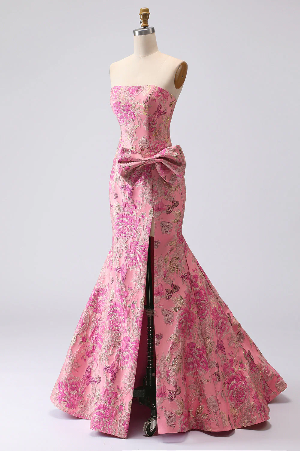Fuchsia Mermaid Bow Strapless Jacquard Long Prom Dress with Slit - Image 3