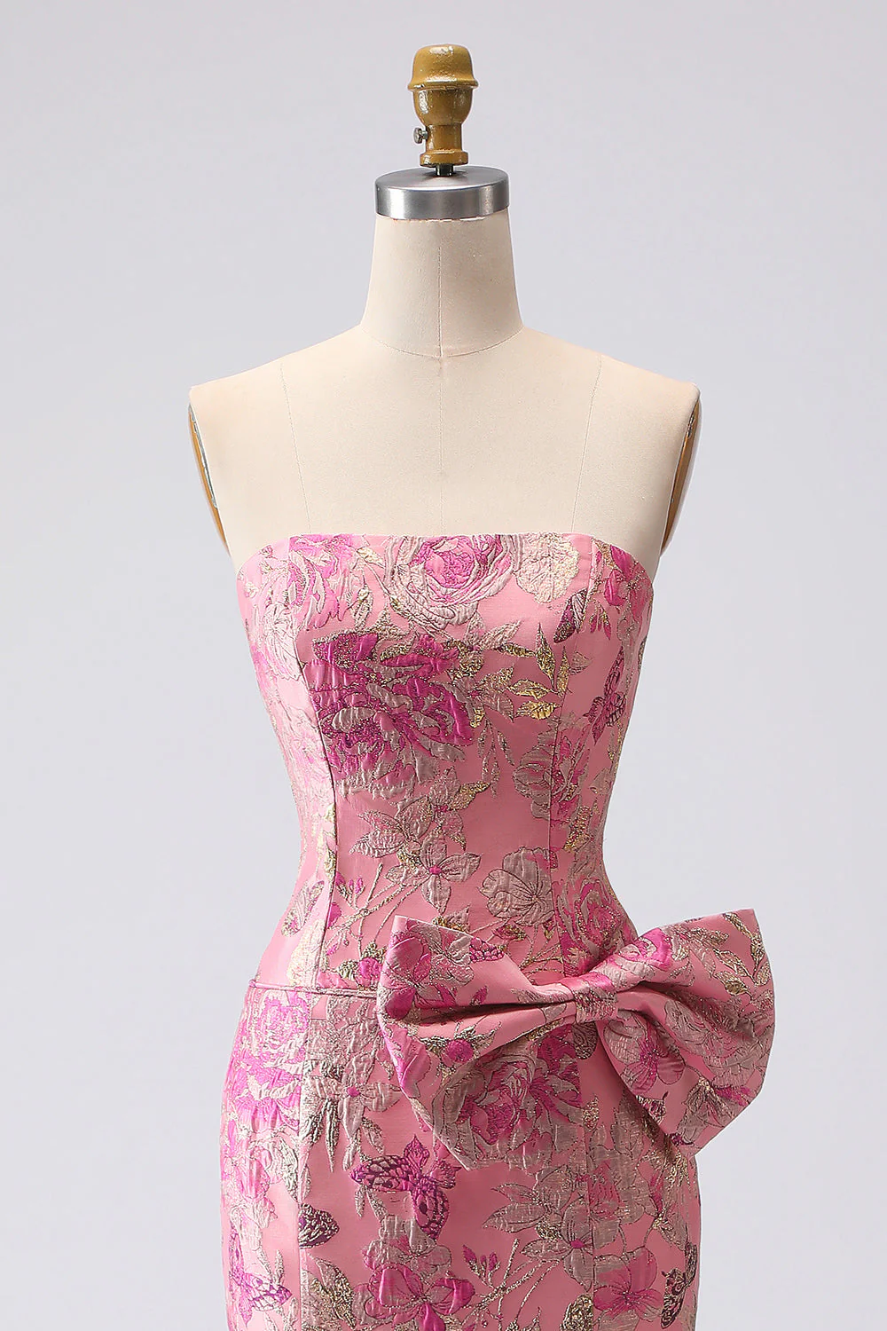 Fuchsia Mermaid Bow Strapless Jacquard Long Prom Dress with Slit - Image 4