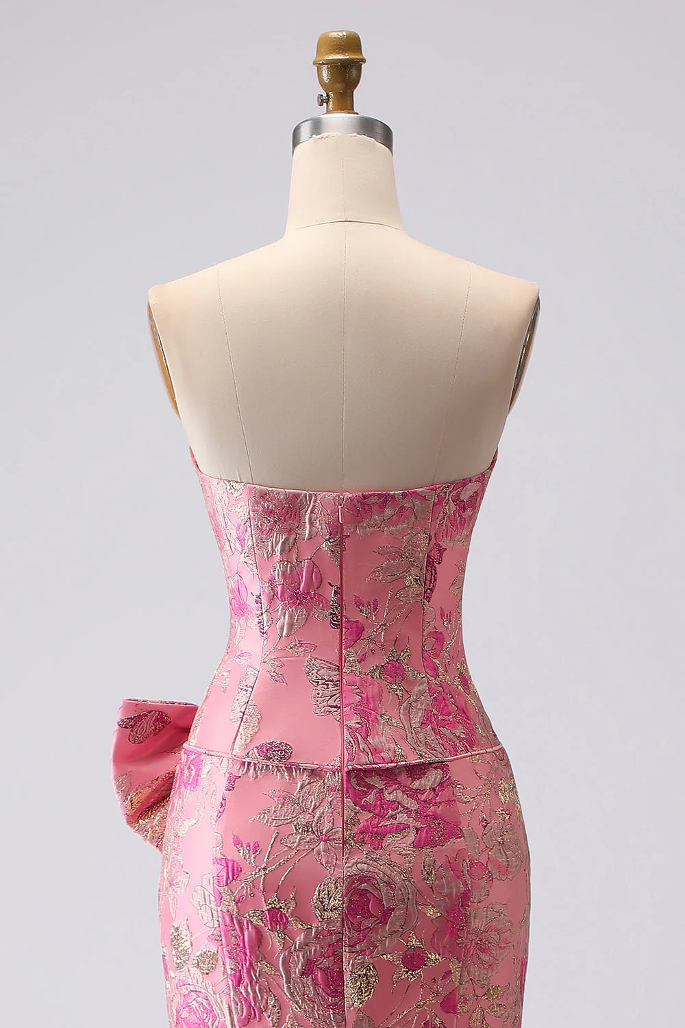 Fuchsia Mermaid Bow Strapless Jacquard Long Prom Dress with Slit - Image 5