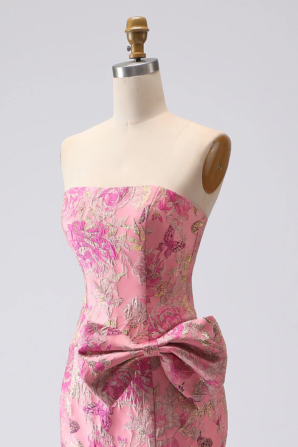 Fuchsia Mermaid Bow Strapless Jacquard Long Prom Dress with Slit - Image 6