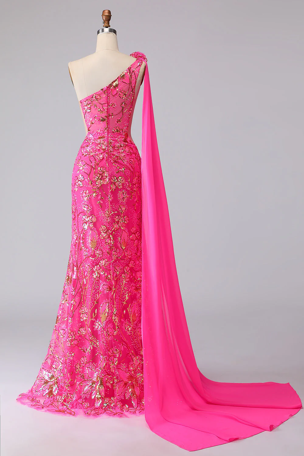 Fuchsia One Shoulder Mermaid Corset Cut Out Streamer Long Prom Dress with Slit - Image 2