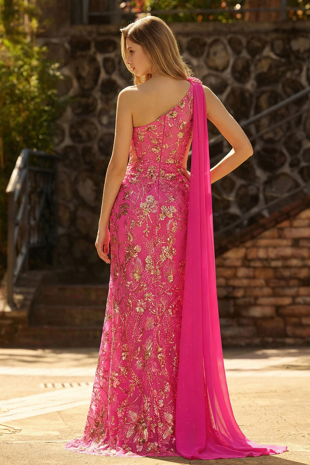 Fuchsia One Shoulder Mermaid Corset Cut Out Streamer Long Prom Dress with Slit - Image 4