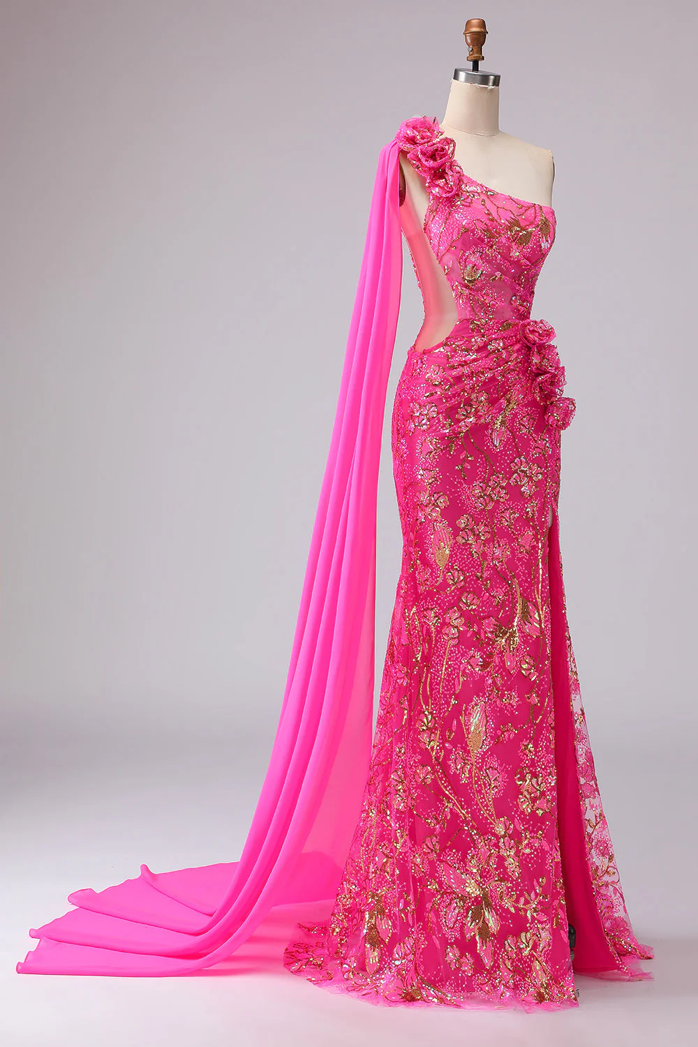 Fuchsia One Shoulder Mermaid Corset Cut Out Streamer Long Prom Dress with Slit - Image 5
