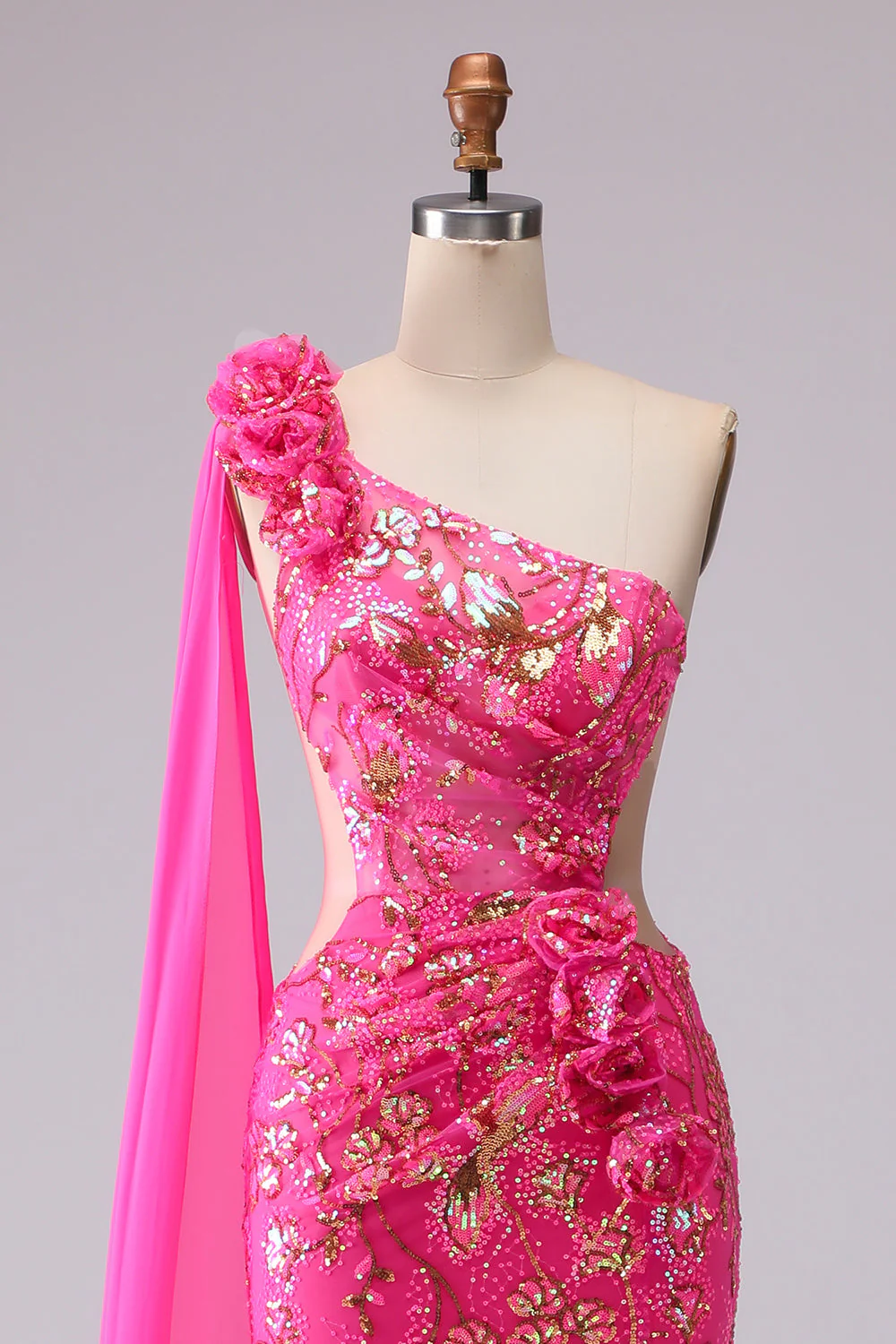 Fuchsia One Shoulder Mermaid Corset Cut Out Streamer Long Prom Dress with Slit - Image 6