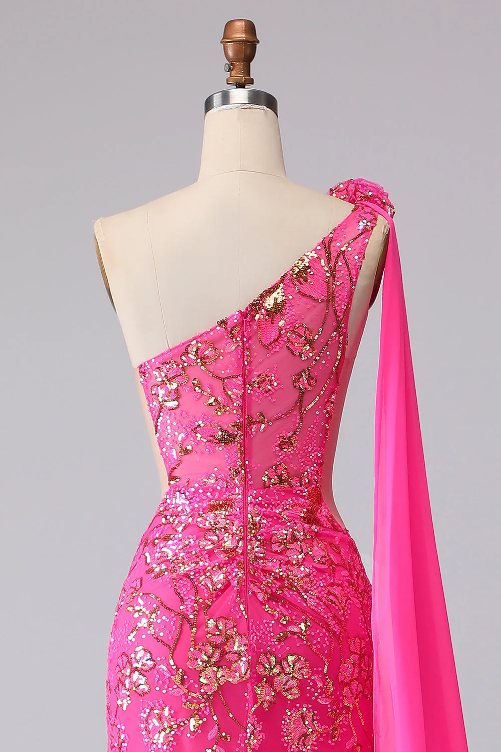 Fuchsia One Shoulder Mermaid Corset Cut Out Streamer Long Prom Dress with Slit - Image 7