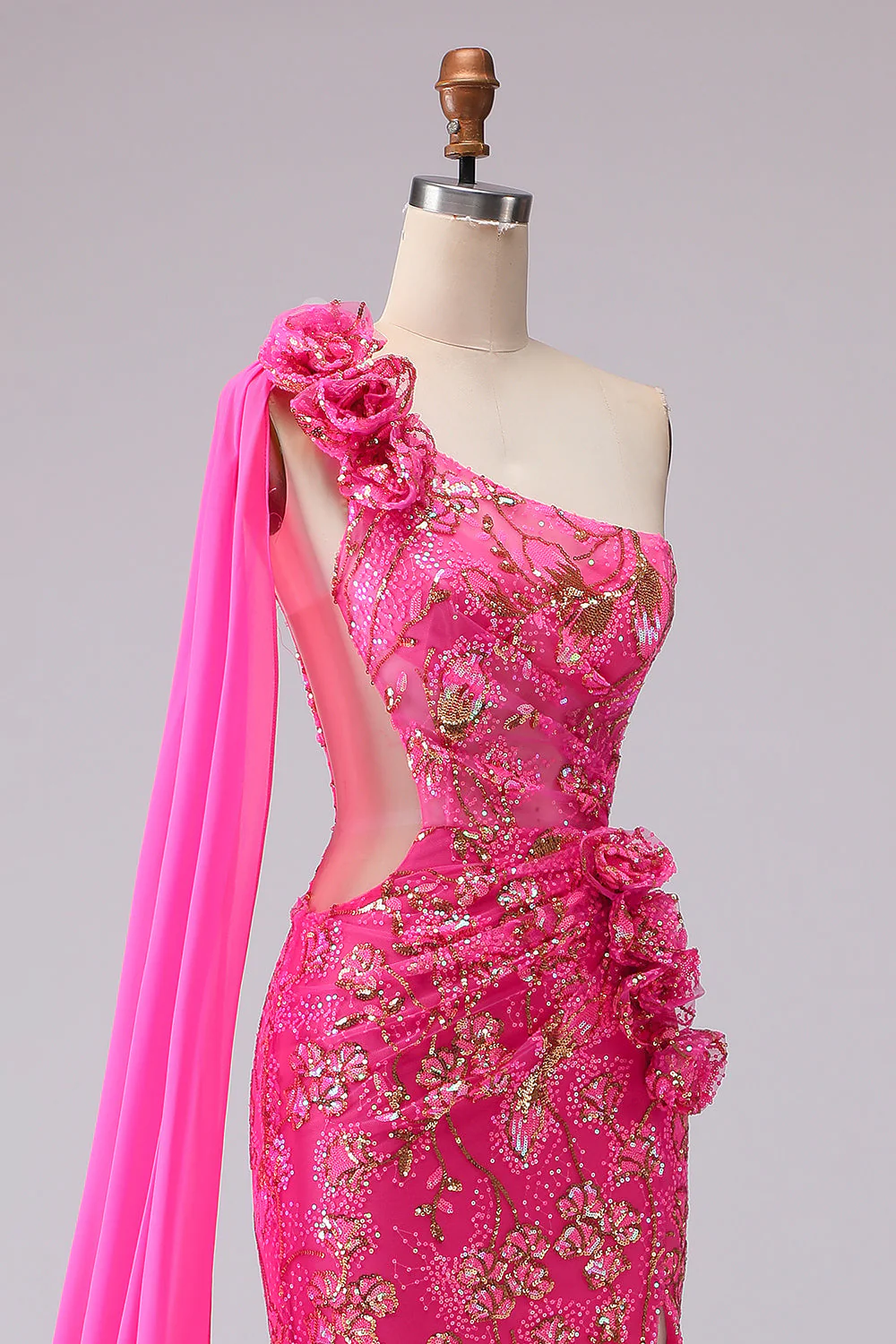 Fuchsia One Shoulder Mermaid Corset Cut Out Streamer Long Prom Dress with Slit - Image 8
