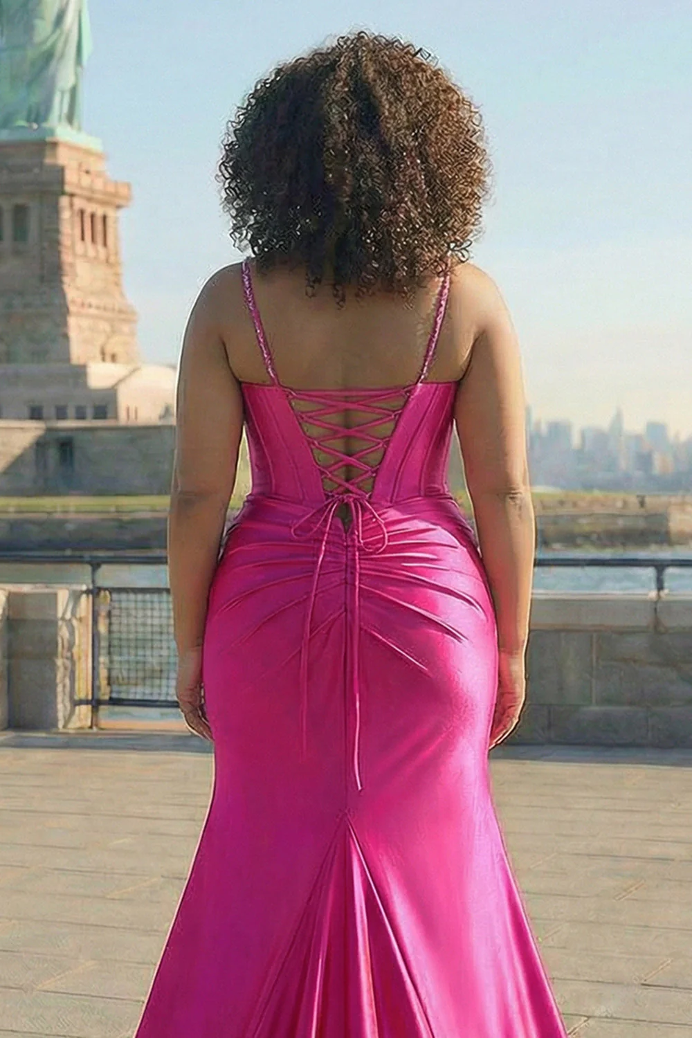 Fuchsia Mermaid Corset Spaghetti Straps Plus Size Prom Dress with Slit - Image 4
