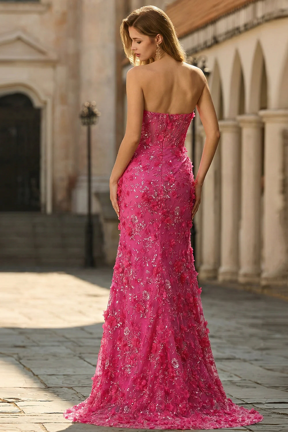 Fuchsia Mermaid Corset Strapless 3D Flowers Sequin Long Prom Dress with Slit - Image 2