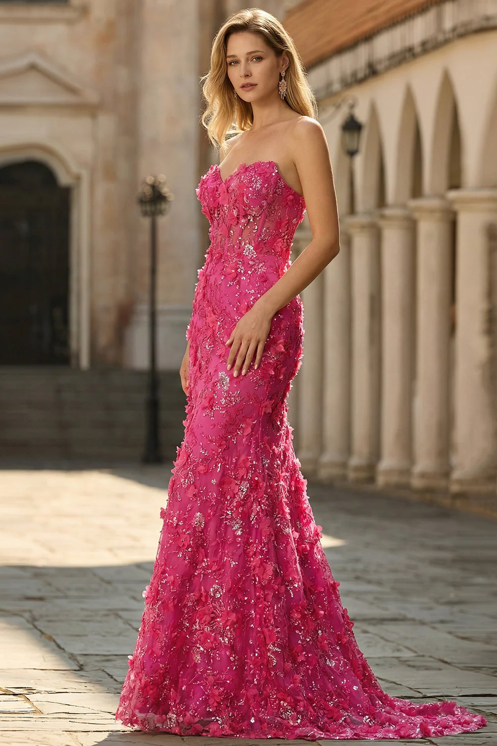 Fuchsia Mermaid Corset Strapless 3D Flowers Sequin Long Prom Dress with Slit - Image 3