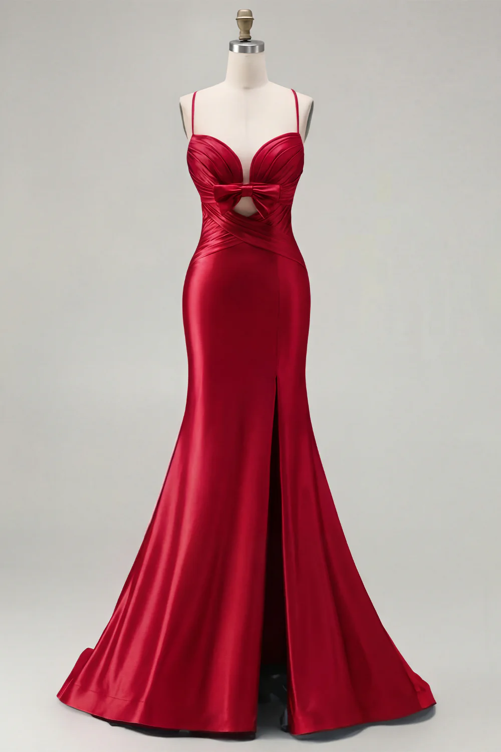 Fuchsia Mermaid Cut Out Pleated Satin Bowed Long Prom Dress with Slit - Image 11