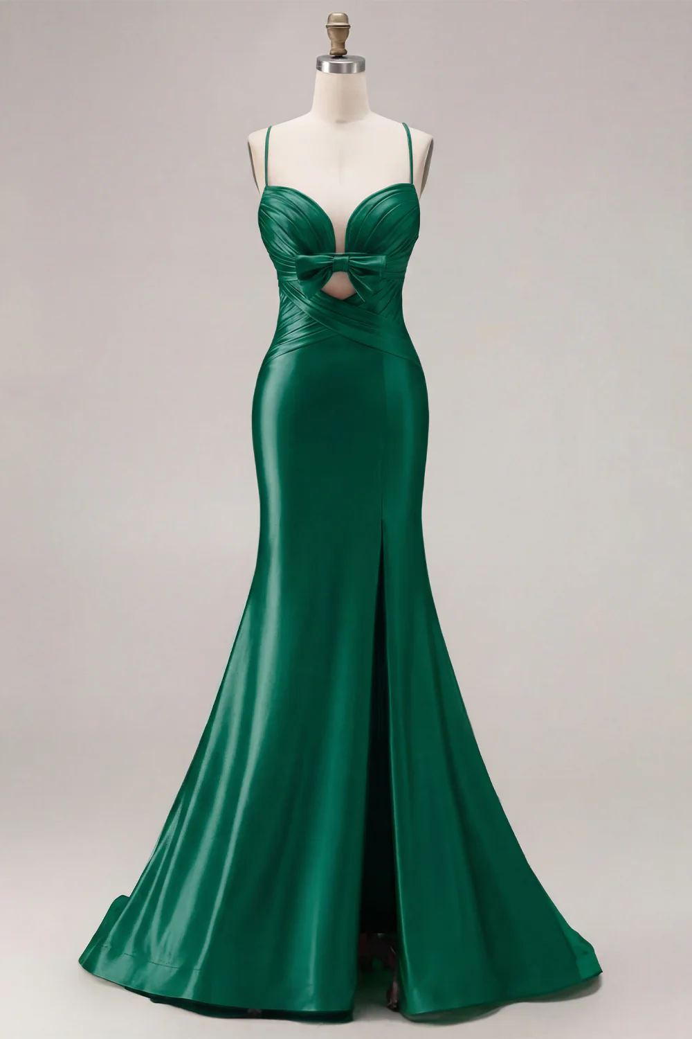 Fuchsia Mermaid Cut Out Pleated Satin Bowed Long Prom Dress with Slit - Image 12
