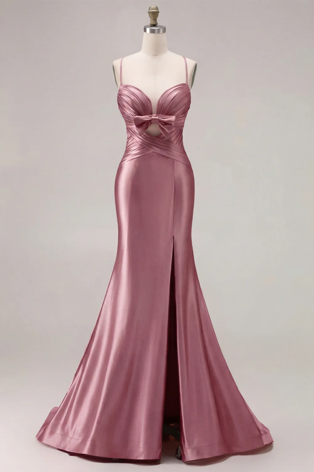 Fuchsia Mermaid Cut Out Pleated Satin Bowed Long Prom Dress with Slit - Image 14