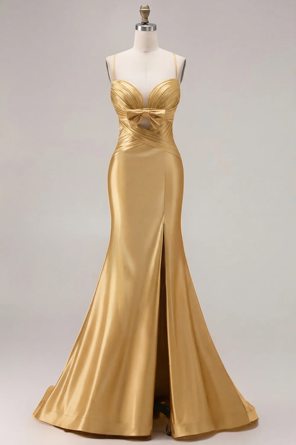 Fuchsia Mermaid Cut Out Pleated Satin Bowed Long Prom Dress with Slit - Image 16