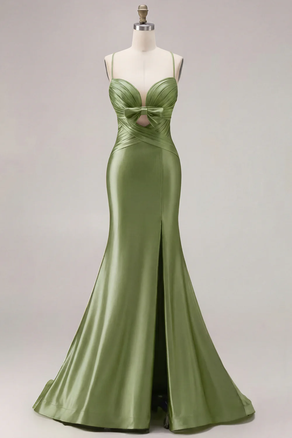 Fuchsia Mermaid Cut Out Pleated Satin Bowed Long Prom Dress with Slit - Image 18
