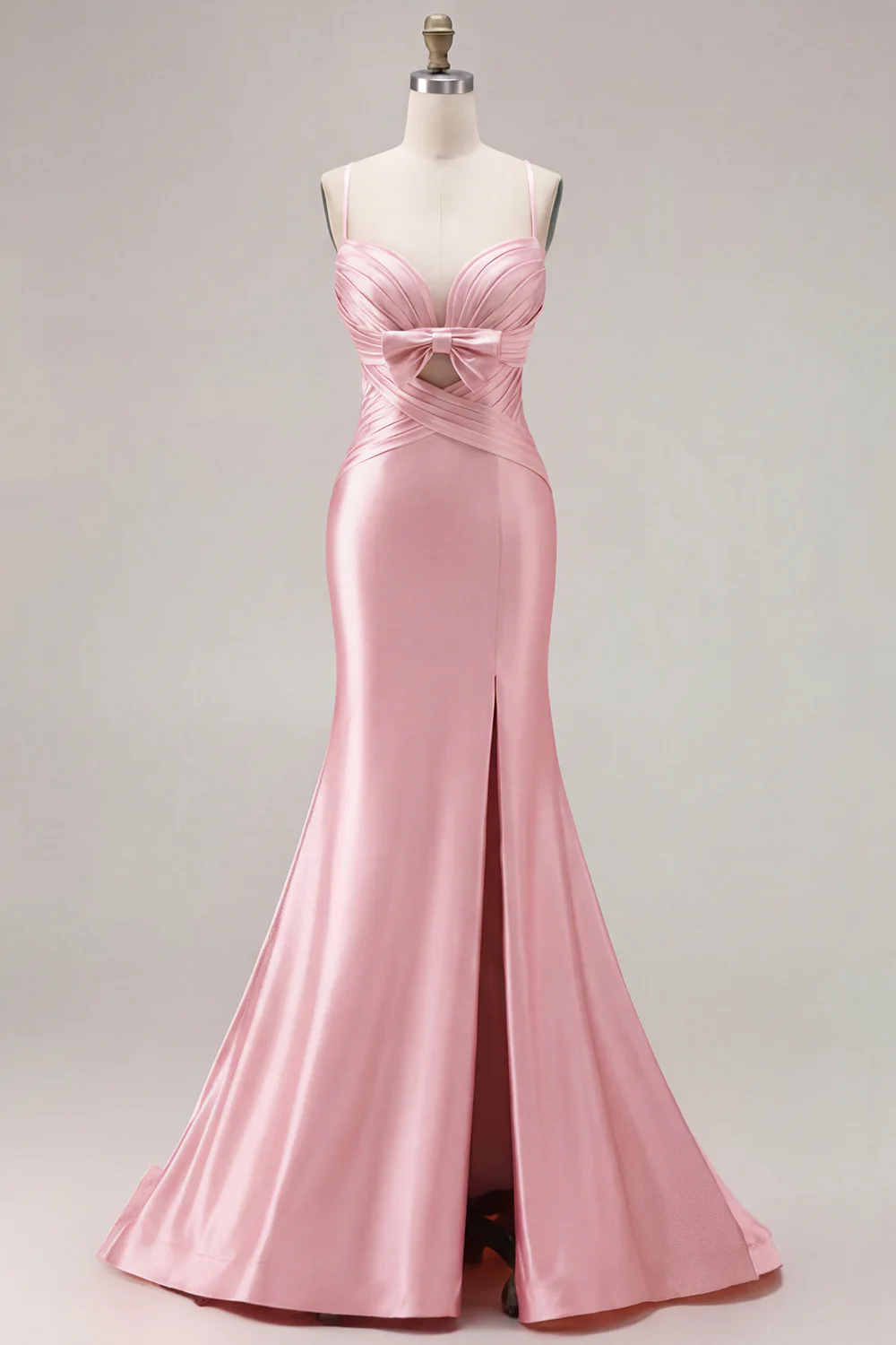 Fuchsia Mermaid Cut Out Pleated Satin Bowed Long Prom Dress with Slit - Image 24