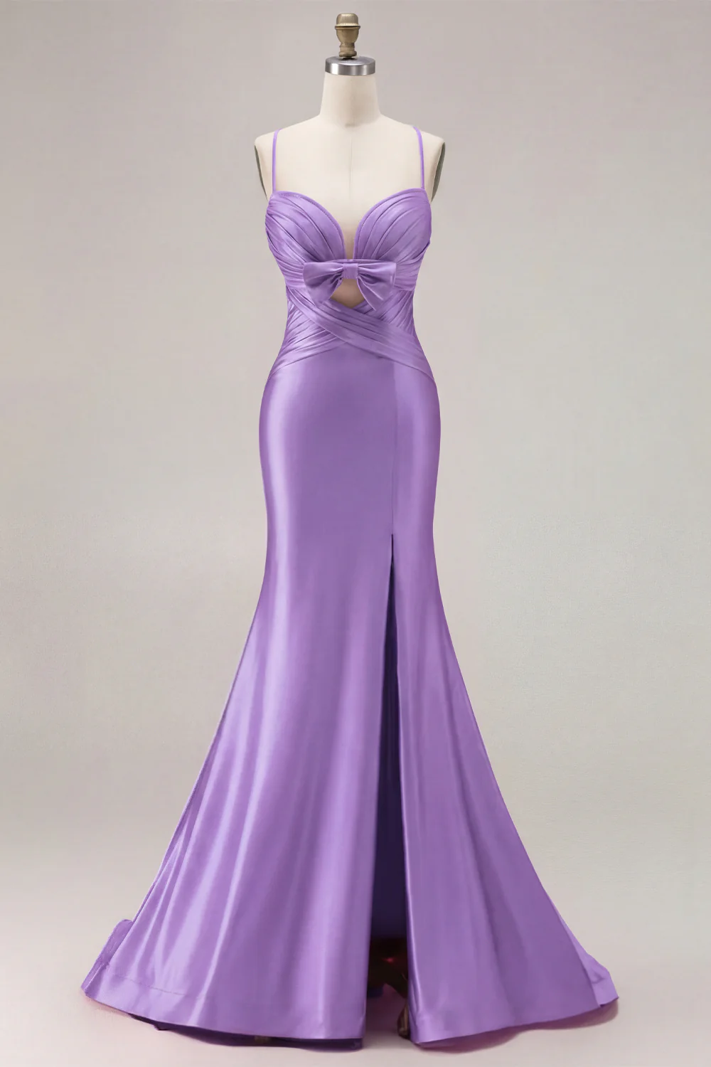 Fuchsia Mermaid Cut Out Pleated Satin Bowed Long Prom Dress with Slit - Image 26