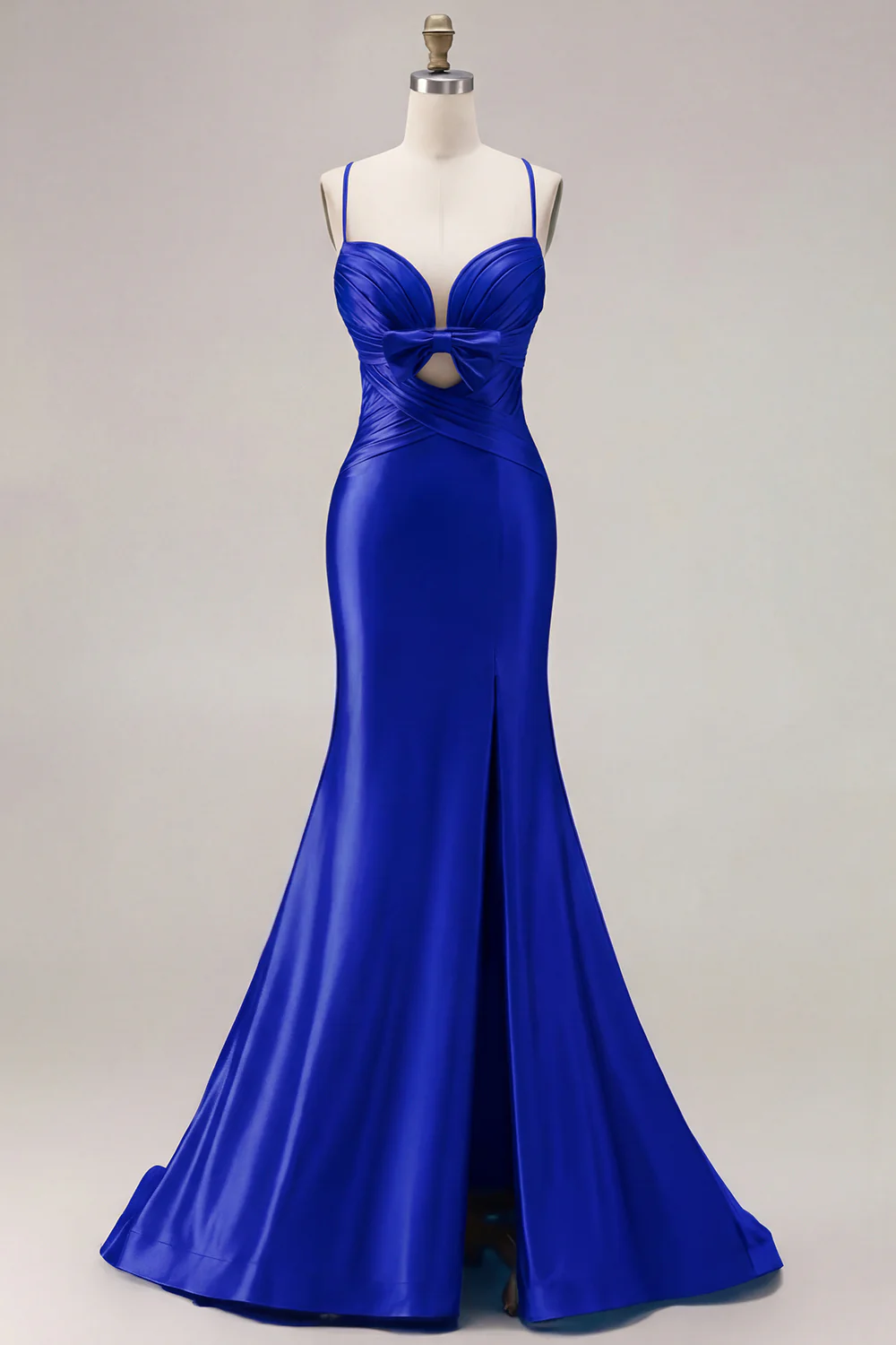 Fuchsia Mermaid Cut Out Pleated Satin Bowed Long Prom Dress with Slit - Image 28