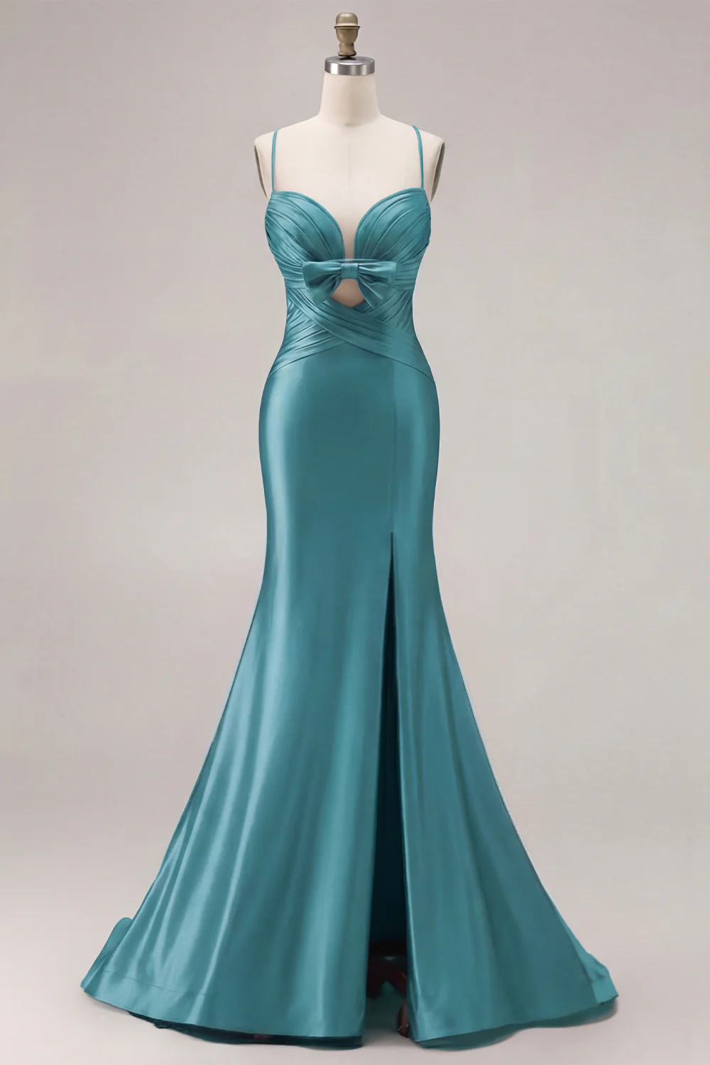 Fuchsia Mermaid Cut Out Pleated Satin Bowed Long Prom Dress with Slit - Image 30