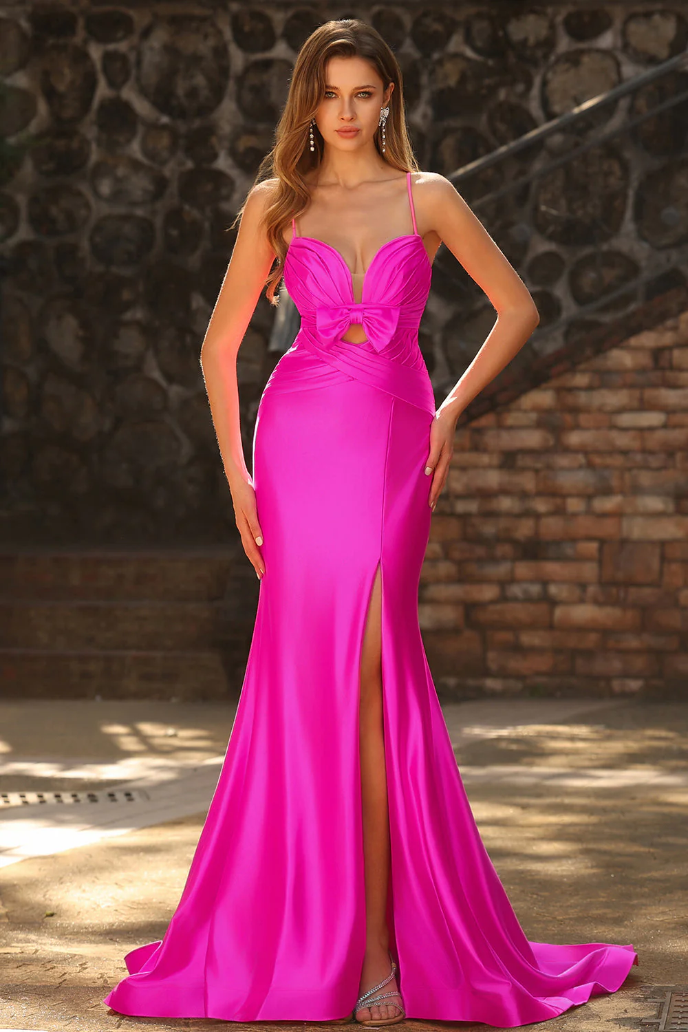 Fuchsia Mermaid Cut Out Pleated Satin Bowed Long Prom Dress with Slit - Image 6