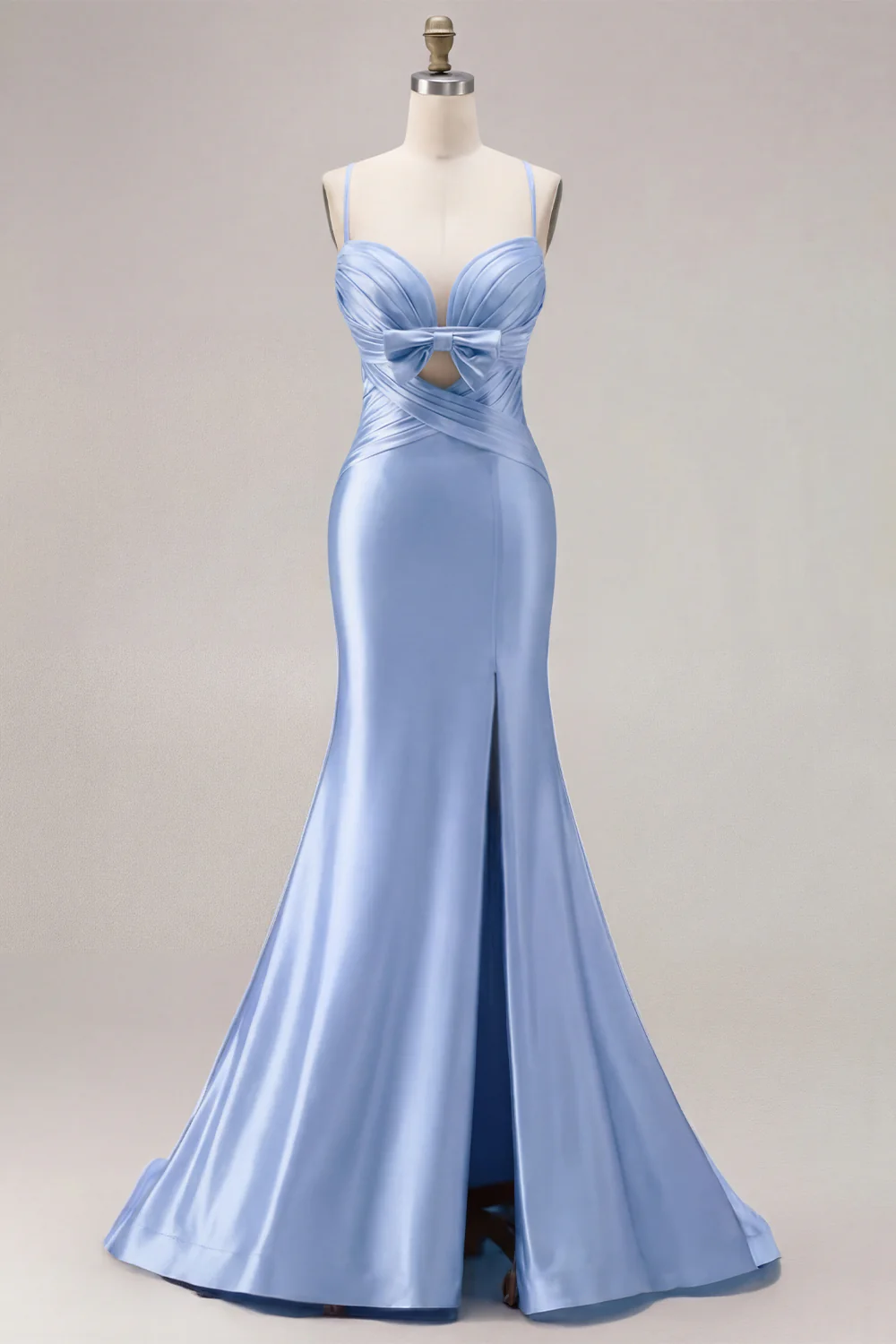 Fuchsia Mermaid Cut Out Pleated Satin Bowed Long Prom Dress with Slit - Image 8