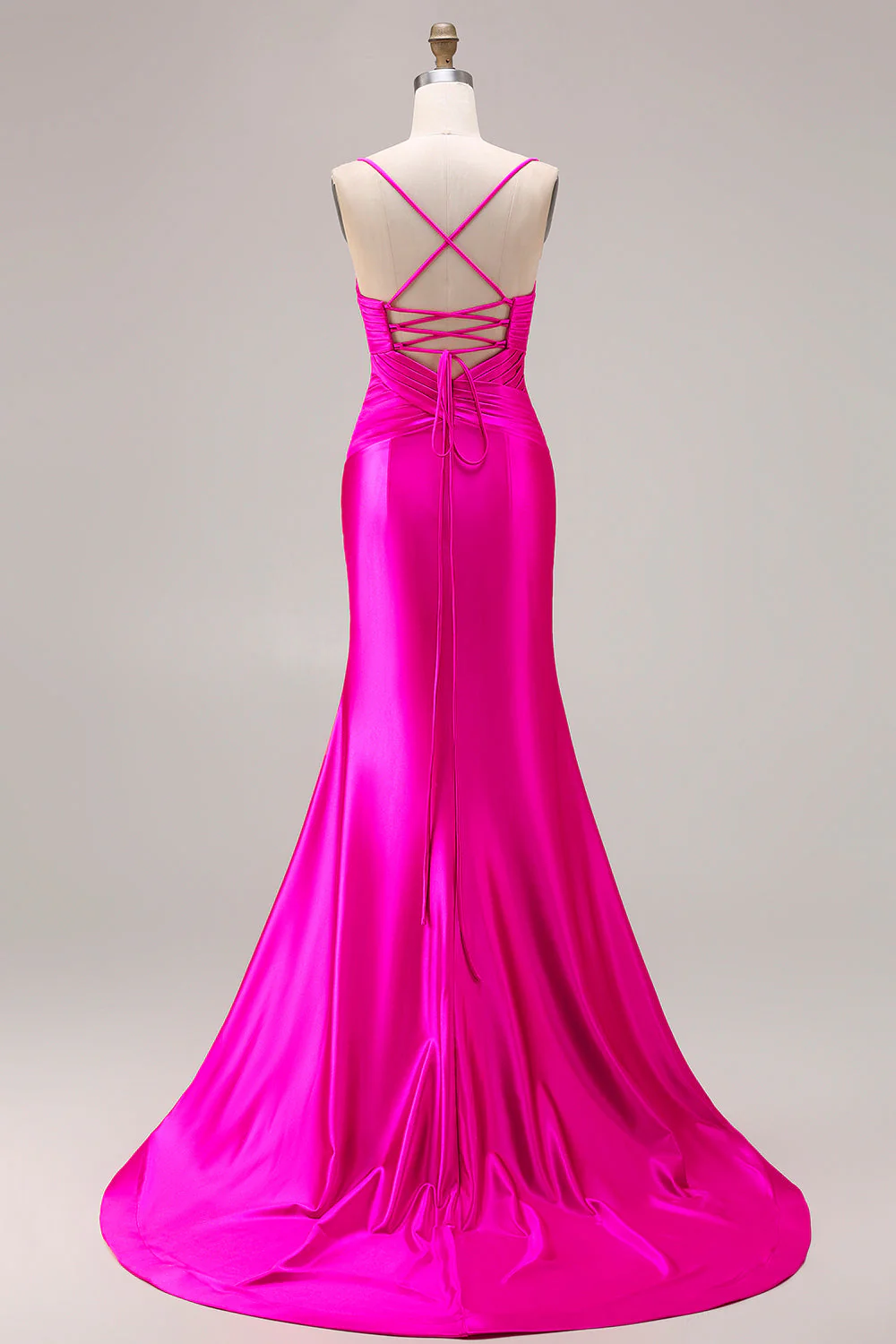 Fuchsia Mermaid Cut Out Satin Pleated Bowed Long Prom Dress with Slit - Image 2