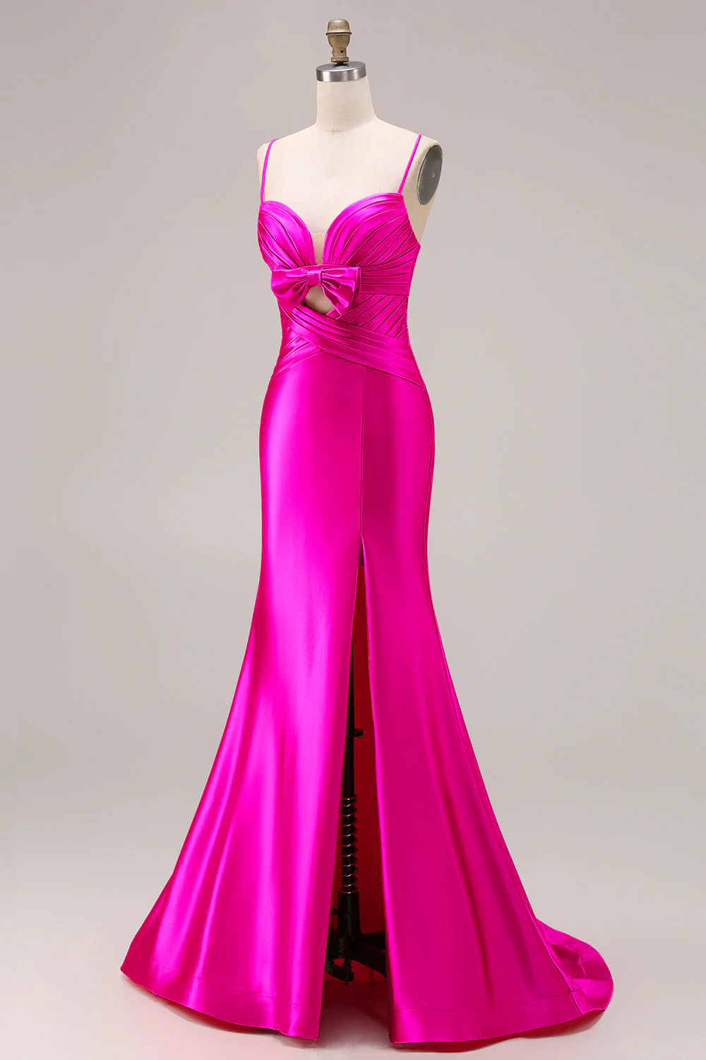 Fuchsia Mermaid Cut Out Satin Pleated Bowed Long Prom Dress with Slit - Image 3