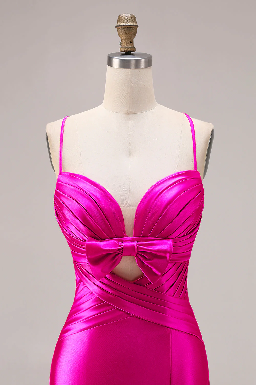 Fuchsia Mermaid Cut Out Satin Pleated Bowed Long Prom Dress with Slit - Image 4