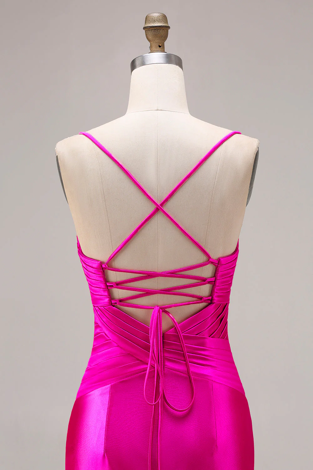 Fuchsia Mermaid Cut Out Satin Pleated Bowed Long Prom Dress with Slit - Image 5