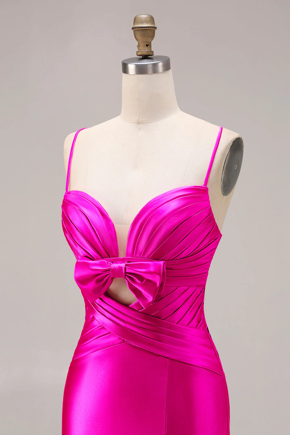Fuchsia Mermaid Cut Out Satin Pleated Bowed Long Prom Dress with Slit - Image 6