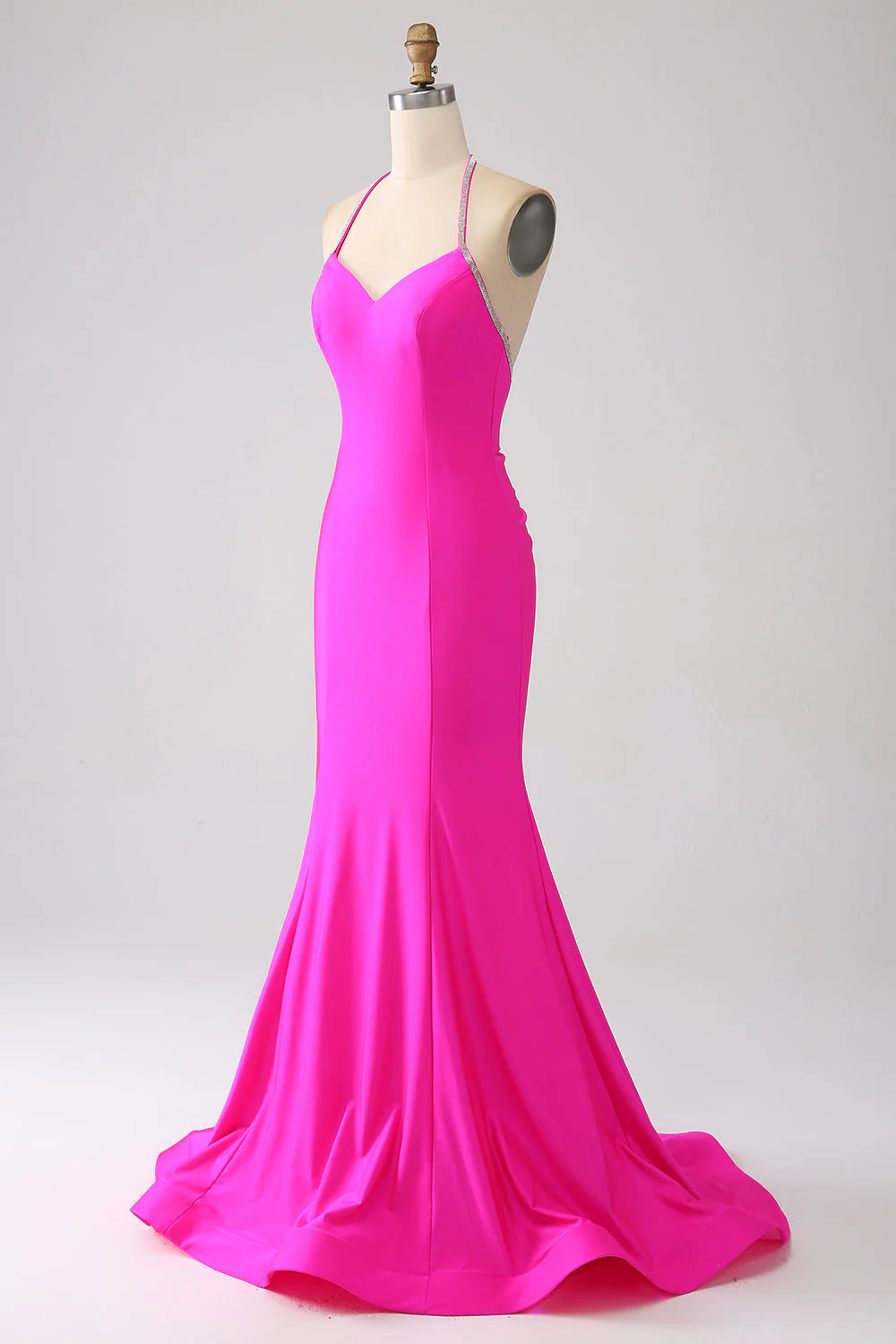 Fuchsia Mermaid Halter Neck Backless Long Prom Dress - Image 3