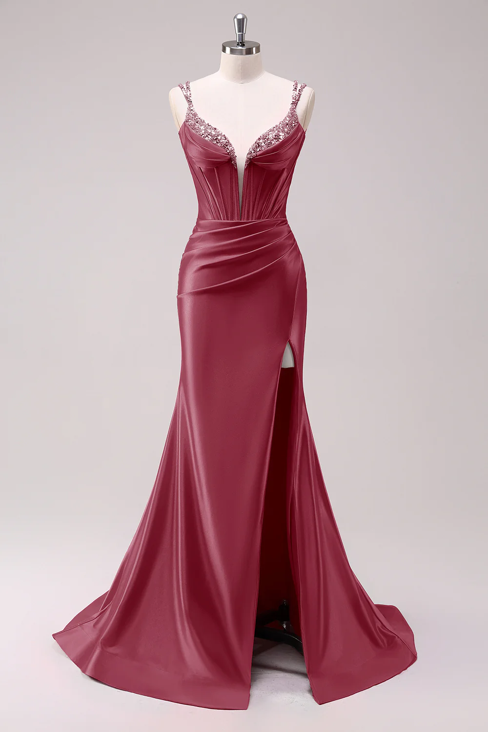 Fuchsia Mermaid Spaghetti Straps Corset Sequin Prom Dress with Slit - Image 11