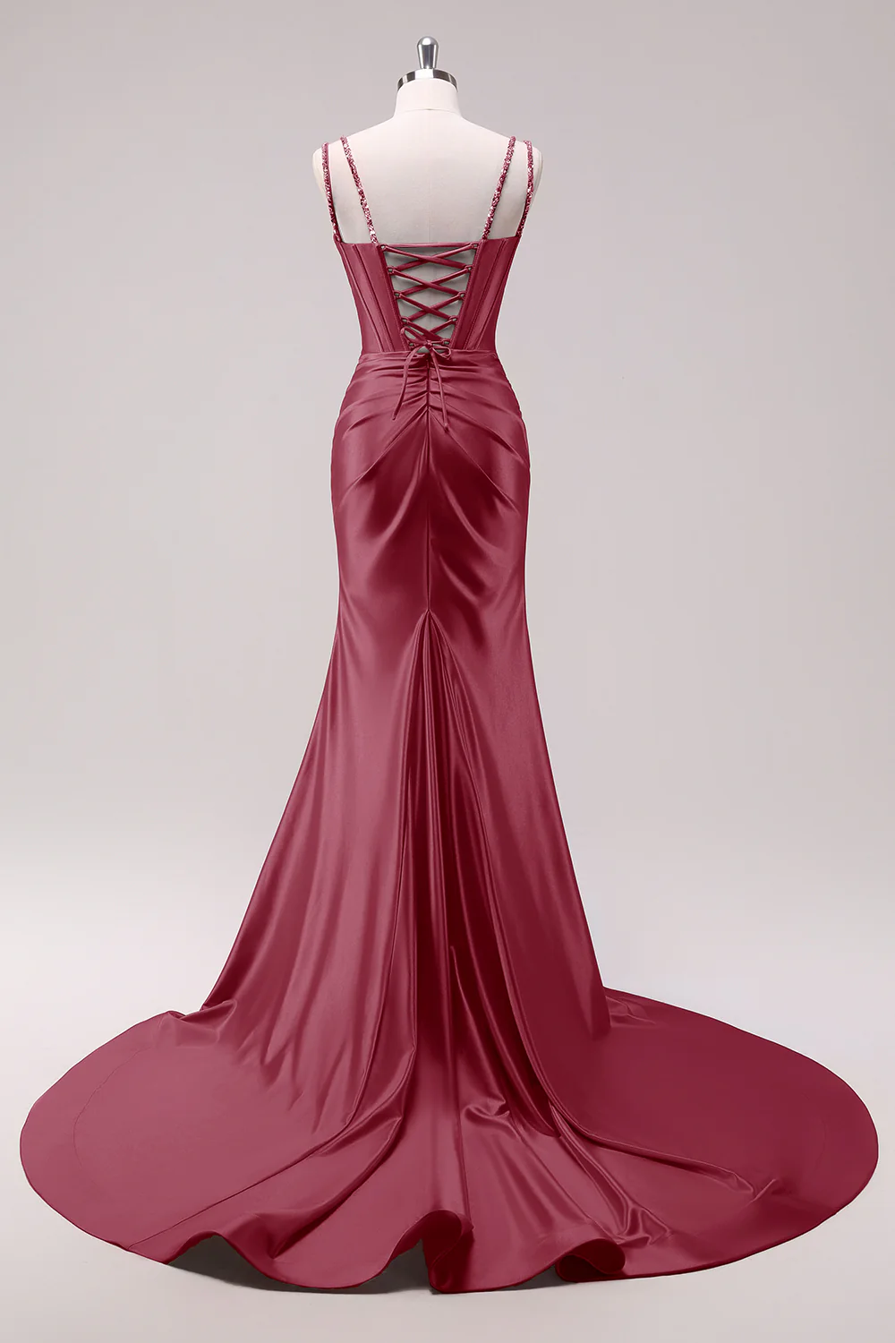 Fuchsia Mermaid Spaghetti Straps Corset Sequin Prom Dress with Slit - Image 12