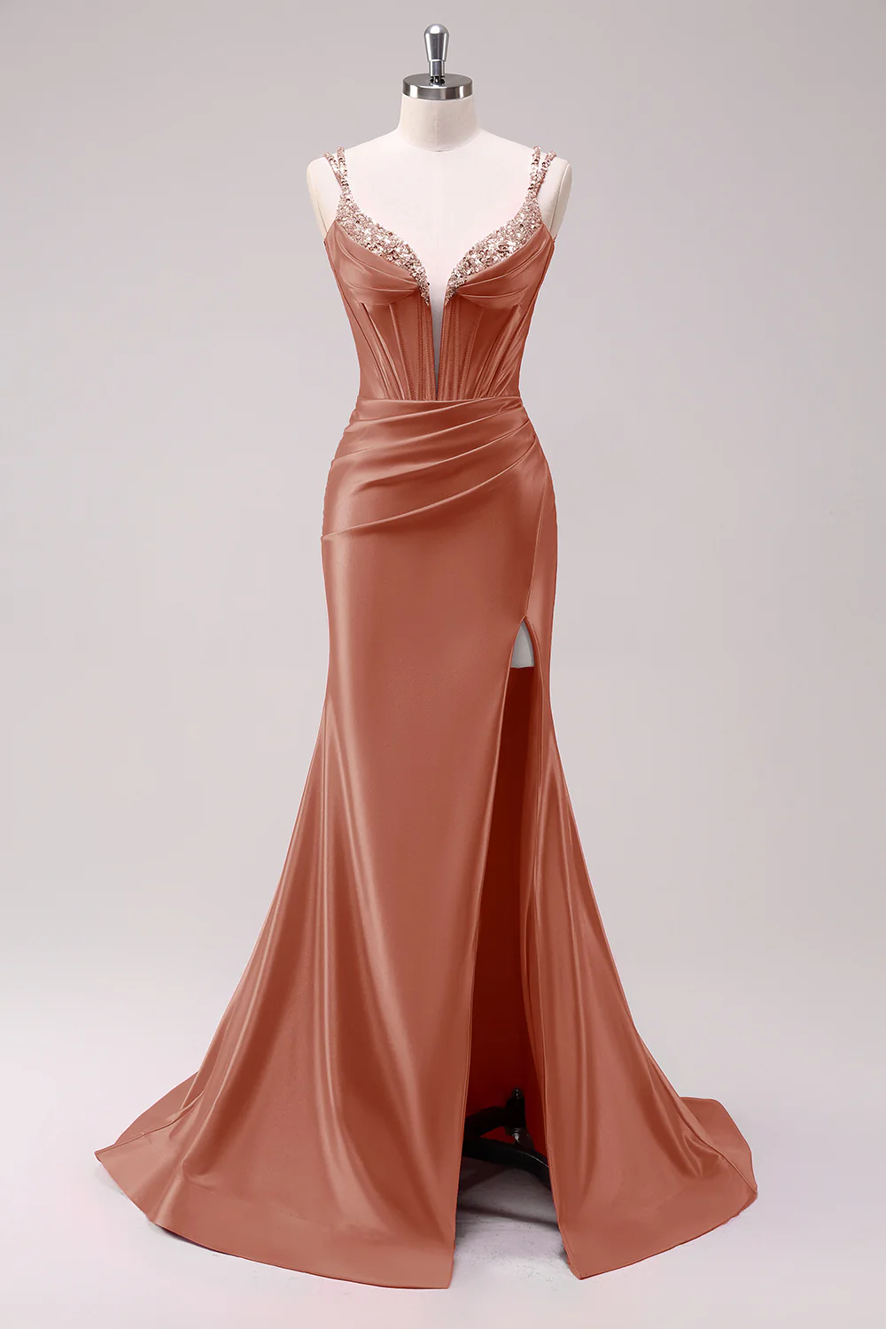 Fuchsia Mermaid Spaghetti Straps Corset Sequin Prom Dress with Slit - Image 13
