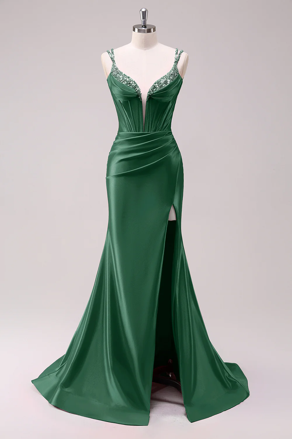 Fuchsia Mermaid Spaghetti Straps Corset Sequin Prom Dress with Slit - Image 15