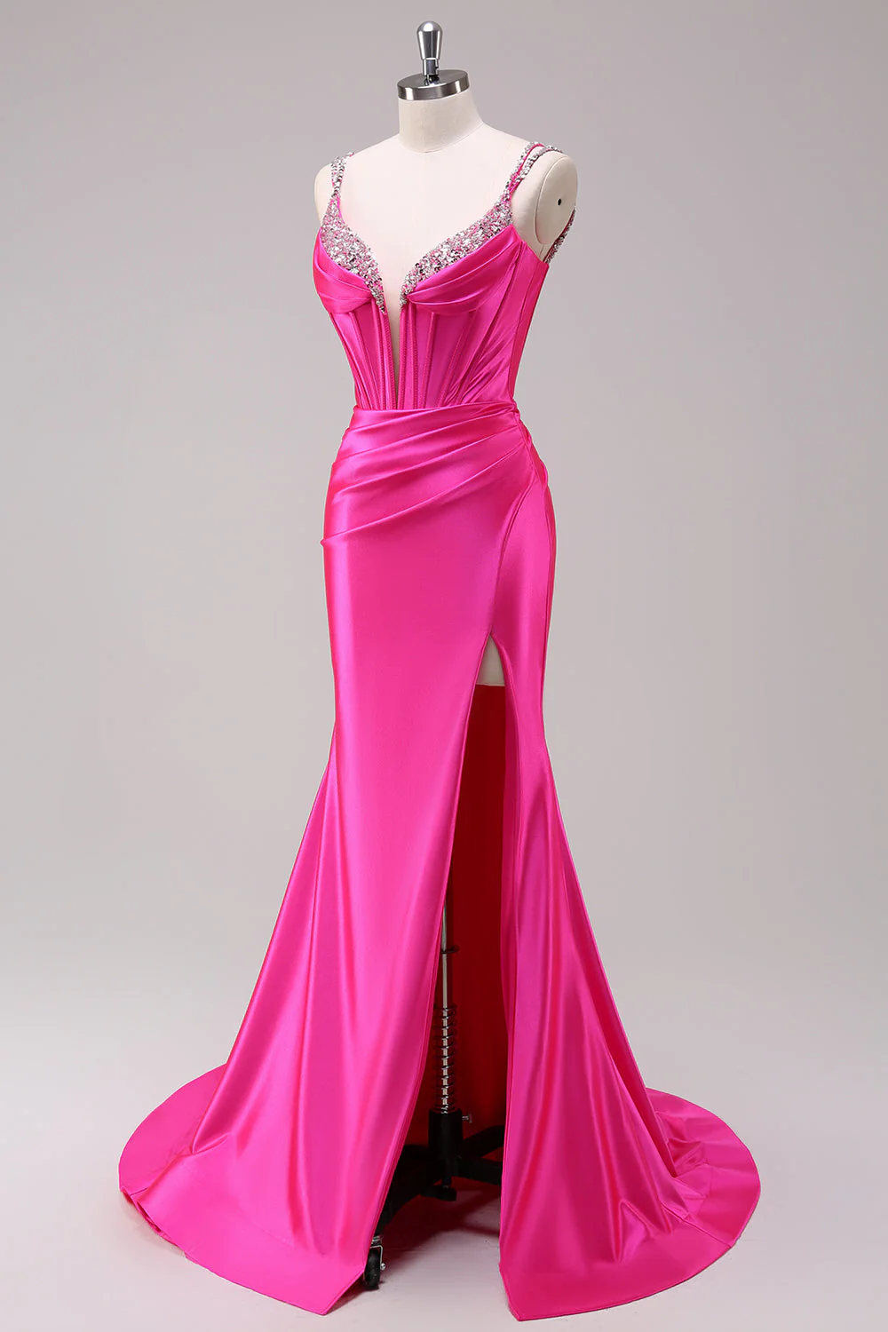 Fuchsia Mermaid Spaghetti Straps Corset Sequin Prom Dress with Slit - Image 3